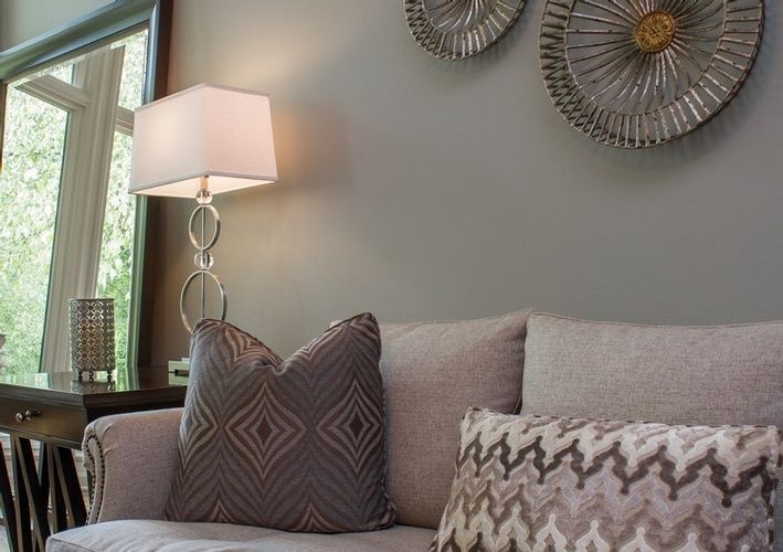 White Table Lamp near Sofa - Interior Decorator Kansas City at R Designs, LLC